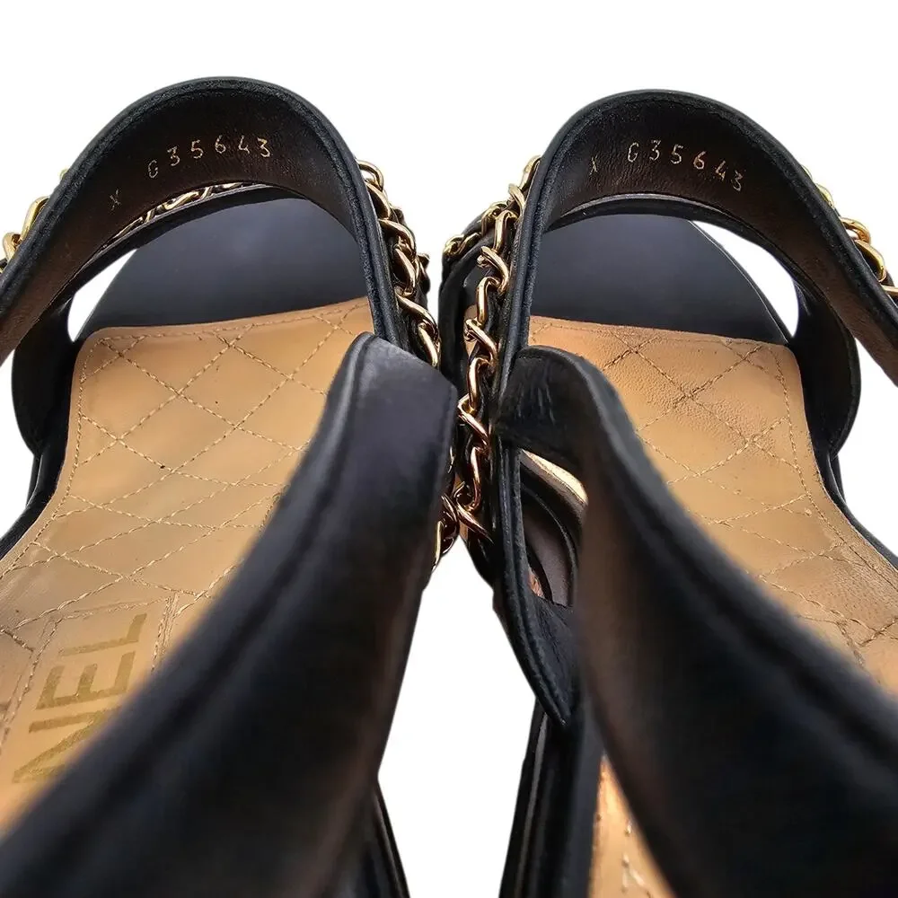 Chanel CC Chain Black Leather Platform Wedge Sandal Gold Brown Size 39 8 8.5